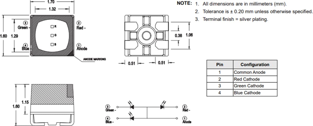 Mechanical Drawing - Broadcom ASCB-RTF2 Tricolor PLCC-4 LED
